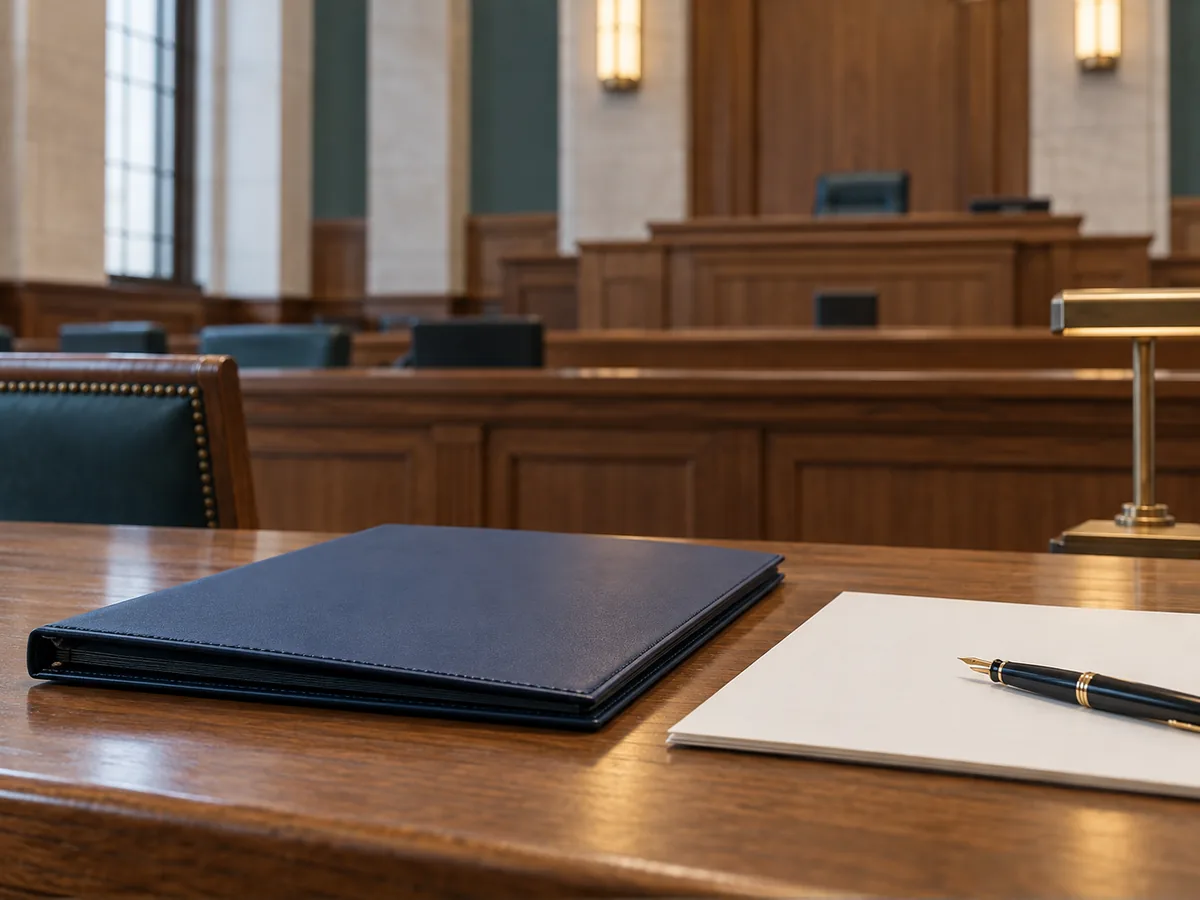 Legal folder, paper and fountain pen on a courtroom table