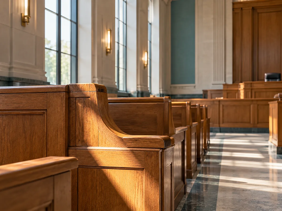 Sunlit wood benches in an empty courtroom