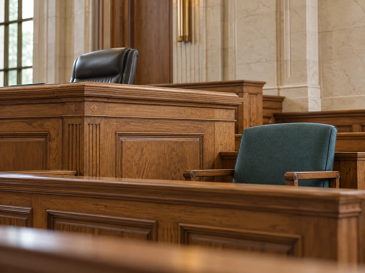 Empty witness chair beside a wood judge's bench